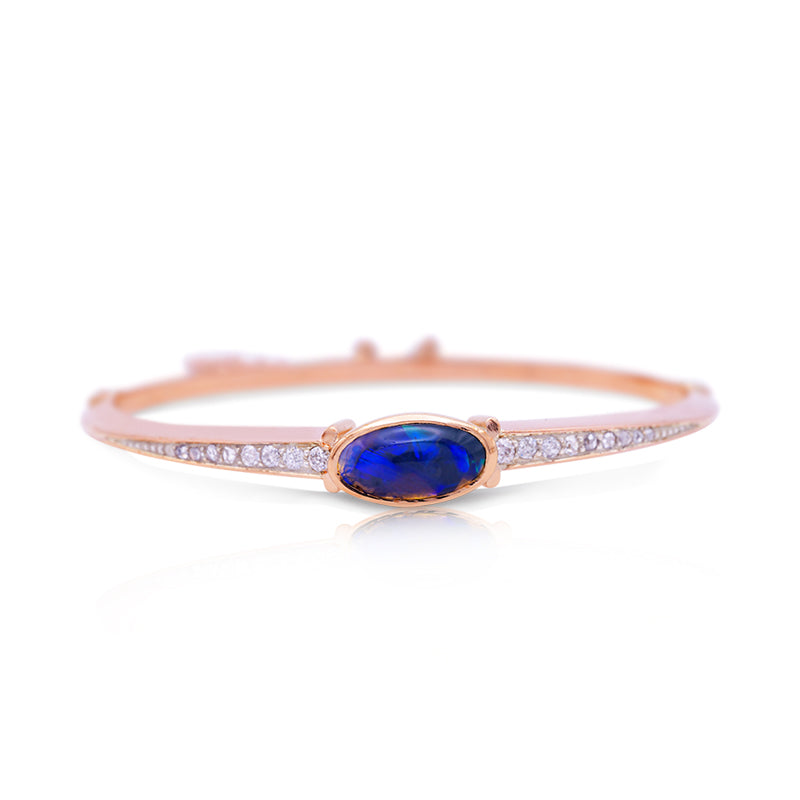 18 Carat Rose Gold Black Opal and Diamond Bangle