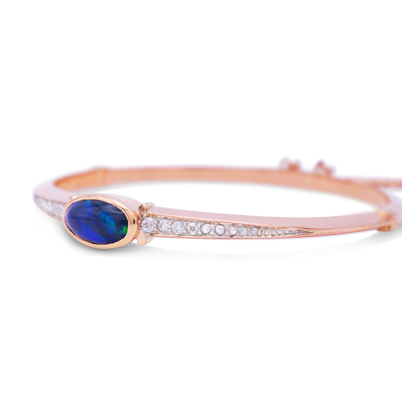 18 Carat Rose Gold Black Opal and Diamond Bangle