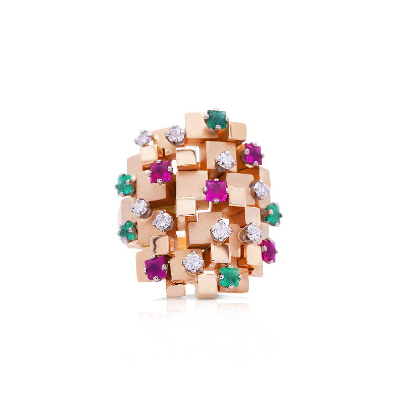 18 Carat Yellow Gold Ruby, Emerald and Diamond Dress Ring