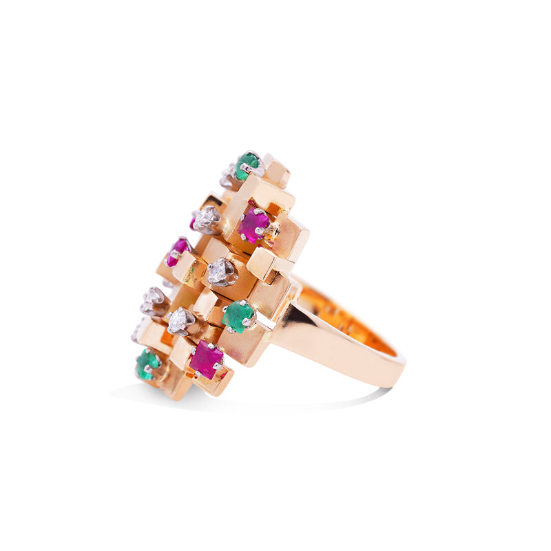 18 Carat Yellow Gold Ruby, Emerald and Diamond Dress Ring