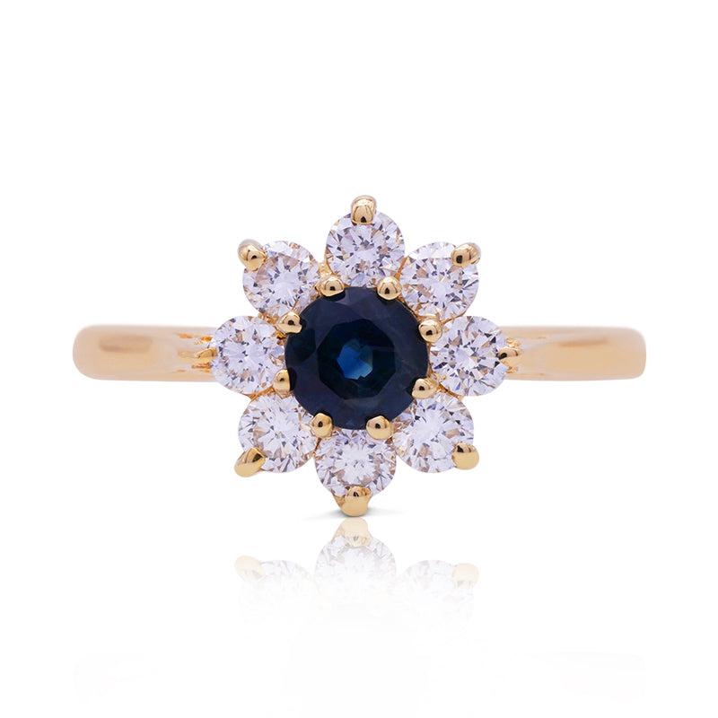 18 Carat Yellow Gold Teal Sapphire and Diamond Cluster Ring