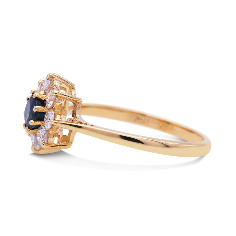 18 Carat Yellow Gold Teal Sapphire and Diamond Cluster Ring