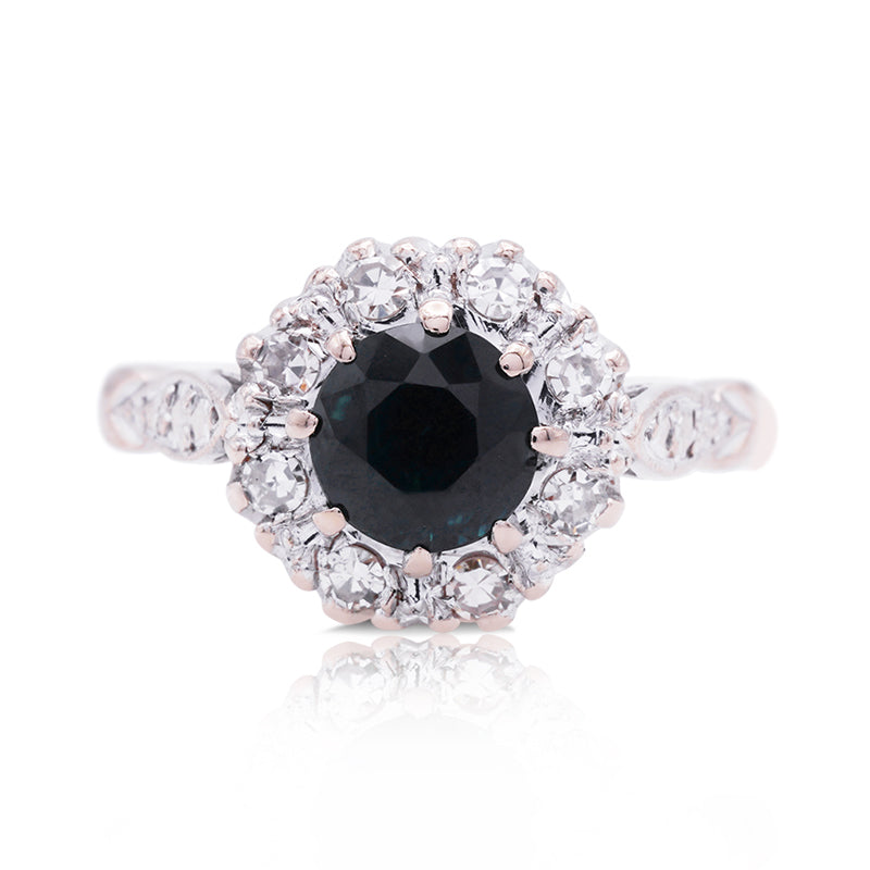 18 Carat Yellow Gold Teal Sapphire Halo Ring