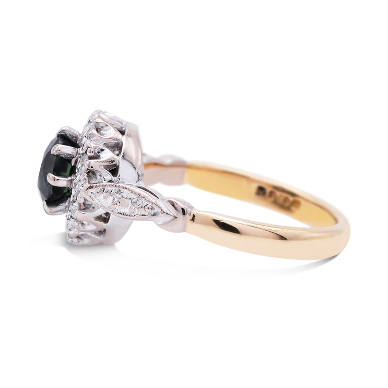 18 Carat Yellow Gold Teal Sapphire Halo Ring