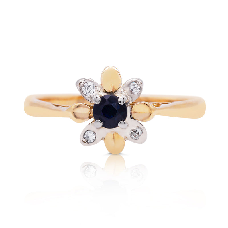 18 Carat Yellow Gold Sapphire and Diamond Flower Ring