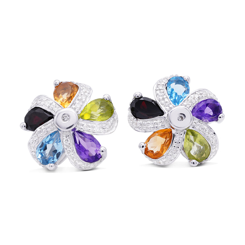 9 Carat White Gold Semi Precious Stone and Diamond Stud Earrings