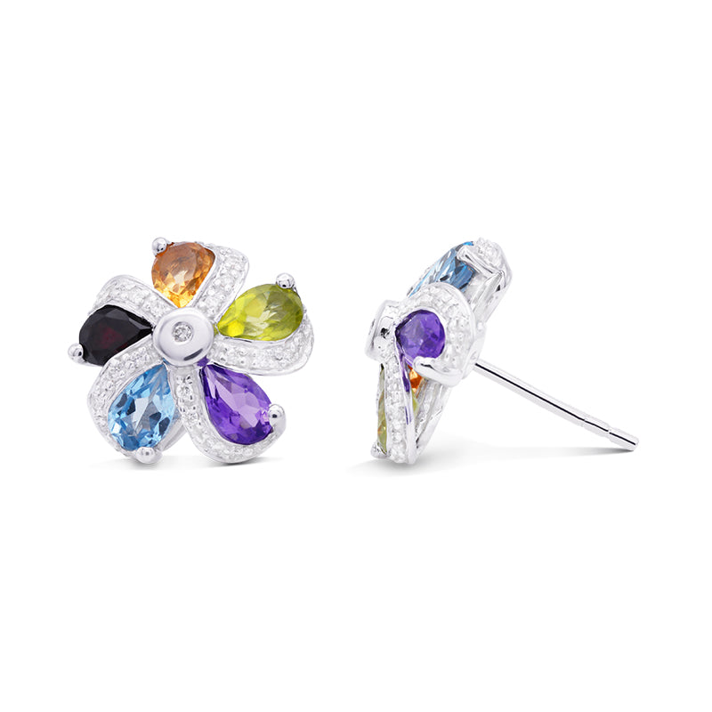 9 Carat White Gold Semi Precious Stone and Diamond Stud Earrings