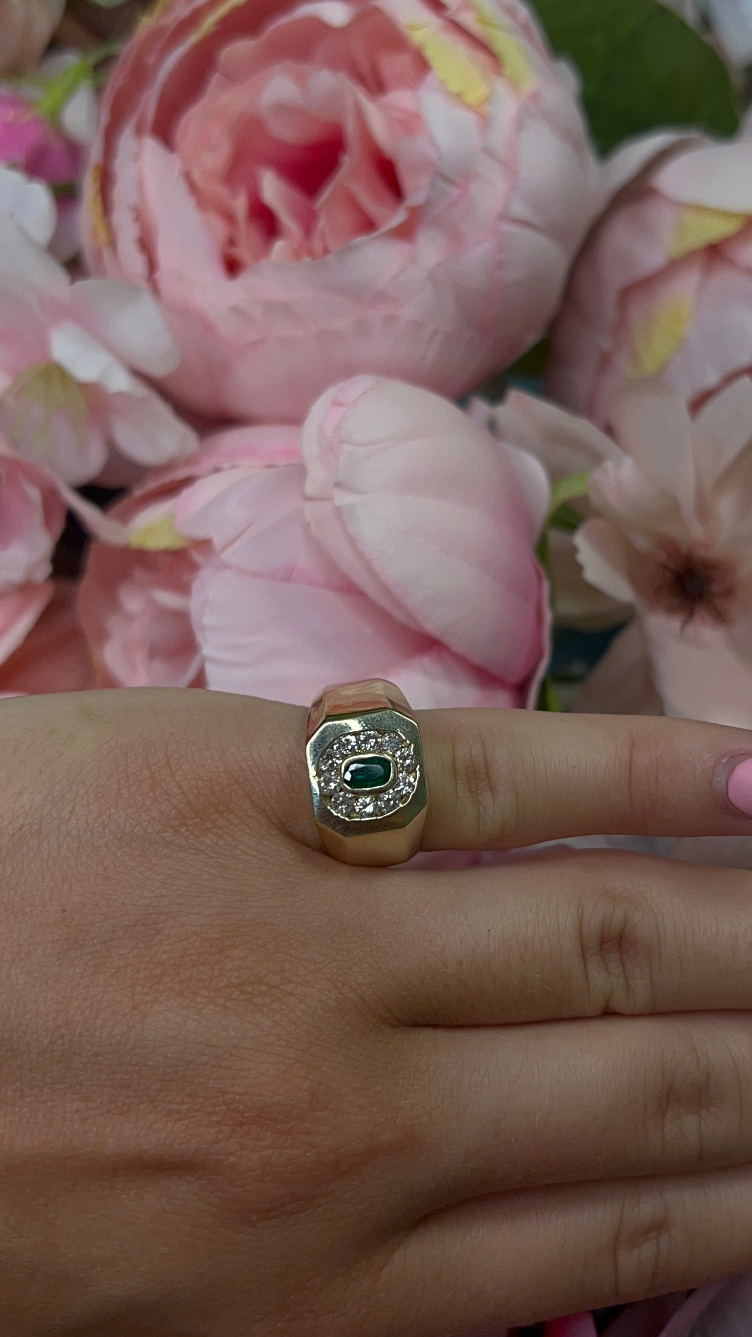 14 Carat Yellow Gold Emerald and Diamond Signet Ring