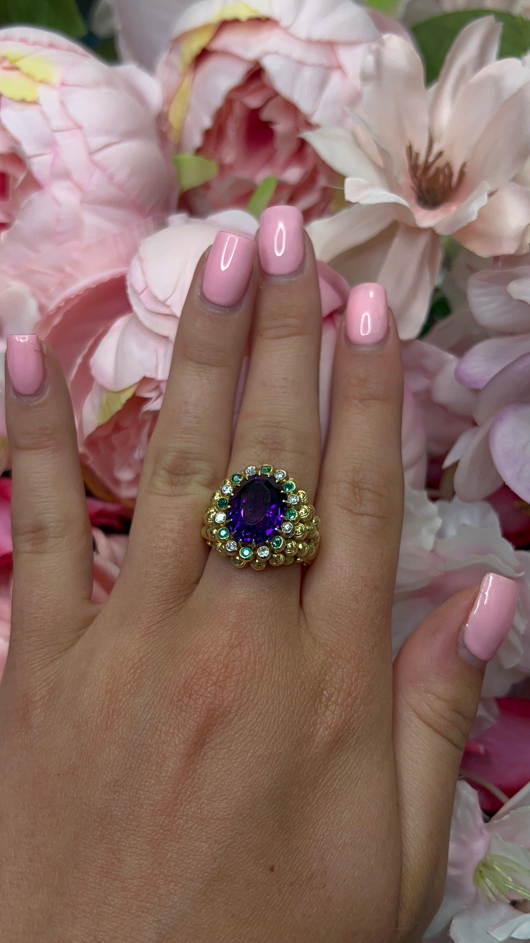 18 Carat Yellow Gold Amethyst, Emerald and Diamond Dress Ring