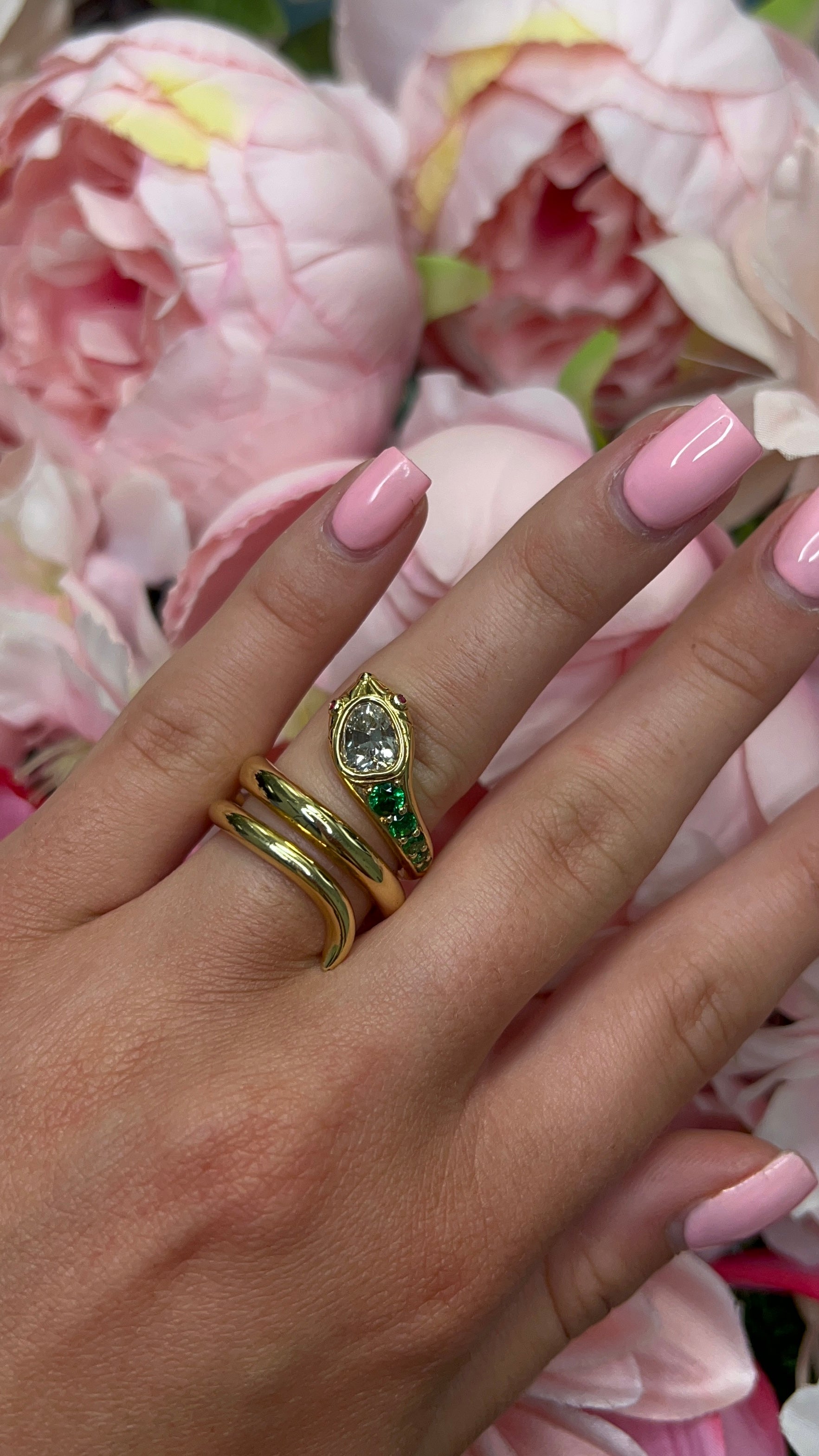 18 Carat Yellow Gold Diamond, Tsavorite & Ruby Snake Ring