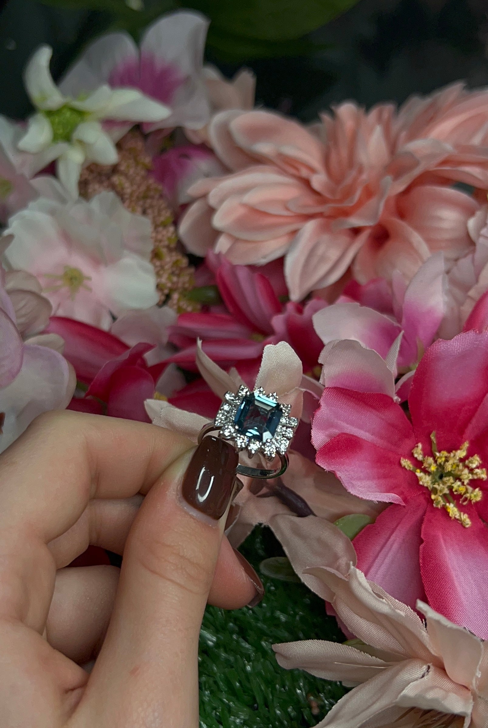 18 Carat White Gold Teal Sapphire and Diamond Dress Ring