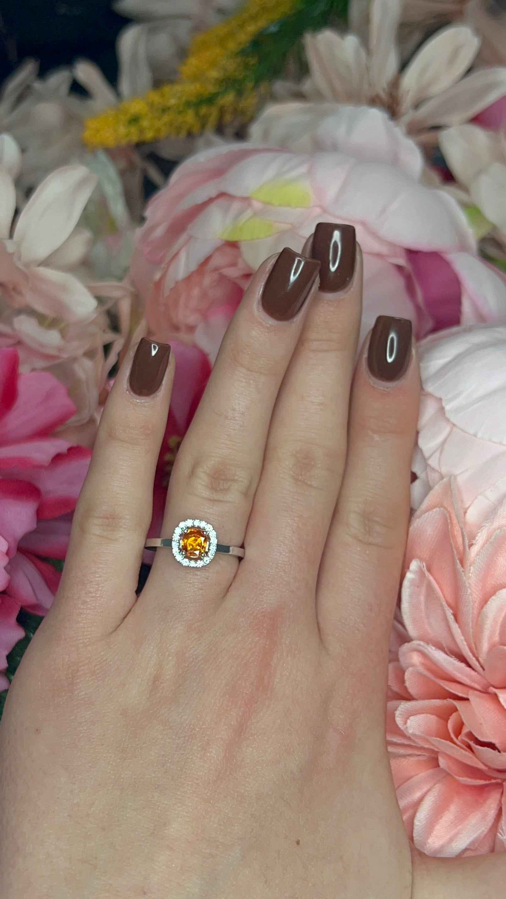 Platinum Orange Sapphire and Diamond Halo Ring