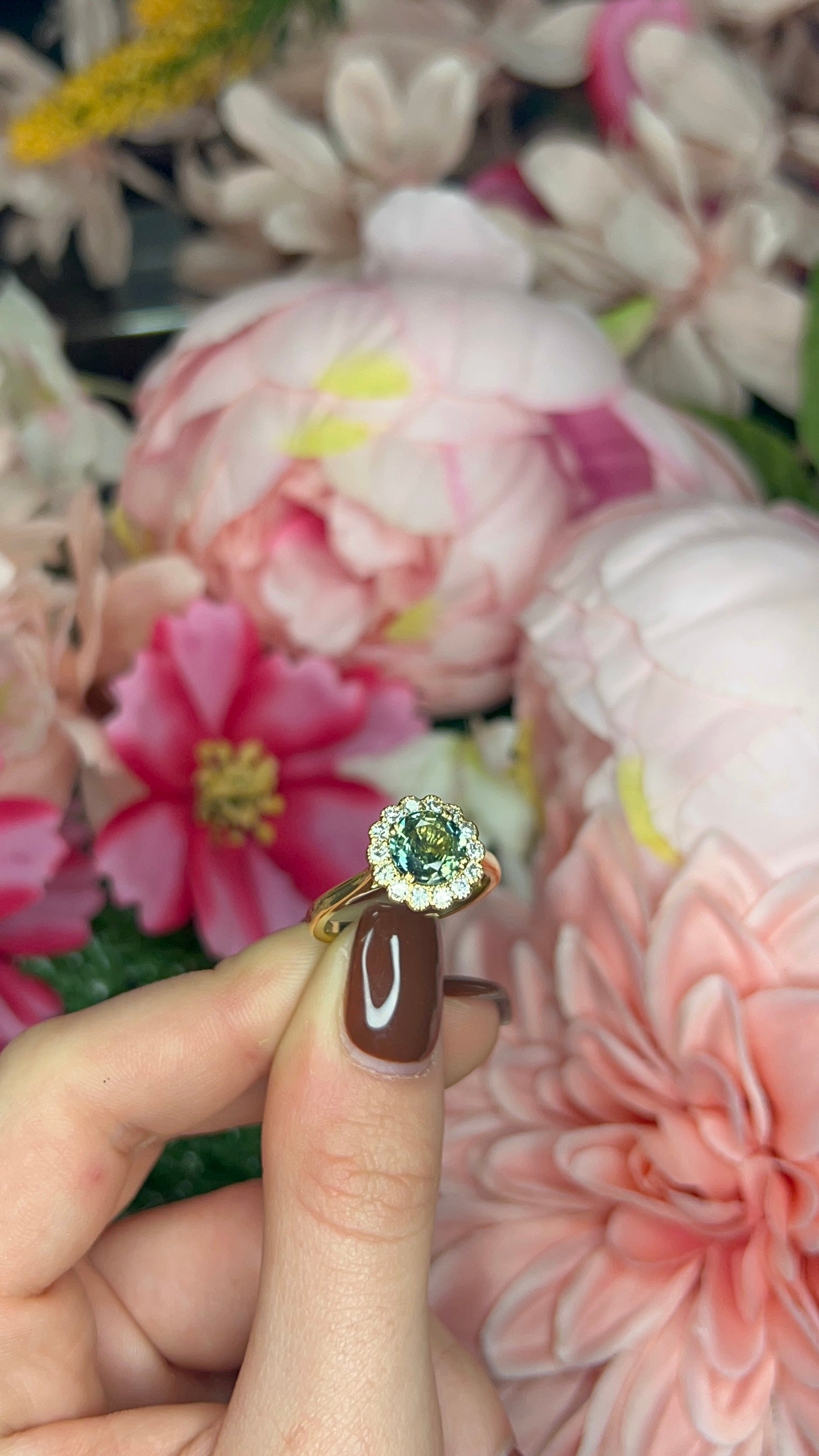 18 Carat Yellow Gold Green Sapphire and Diamond Halo Ring