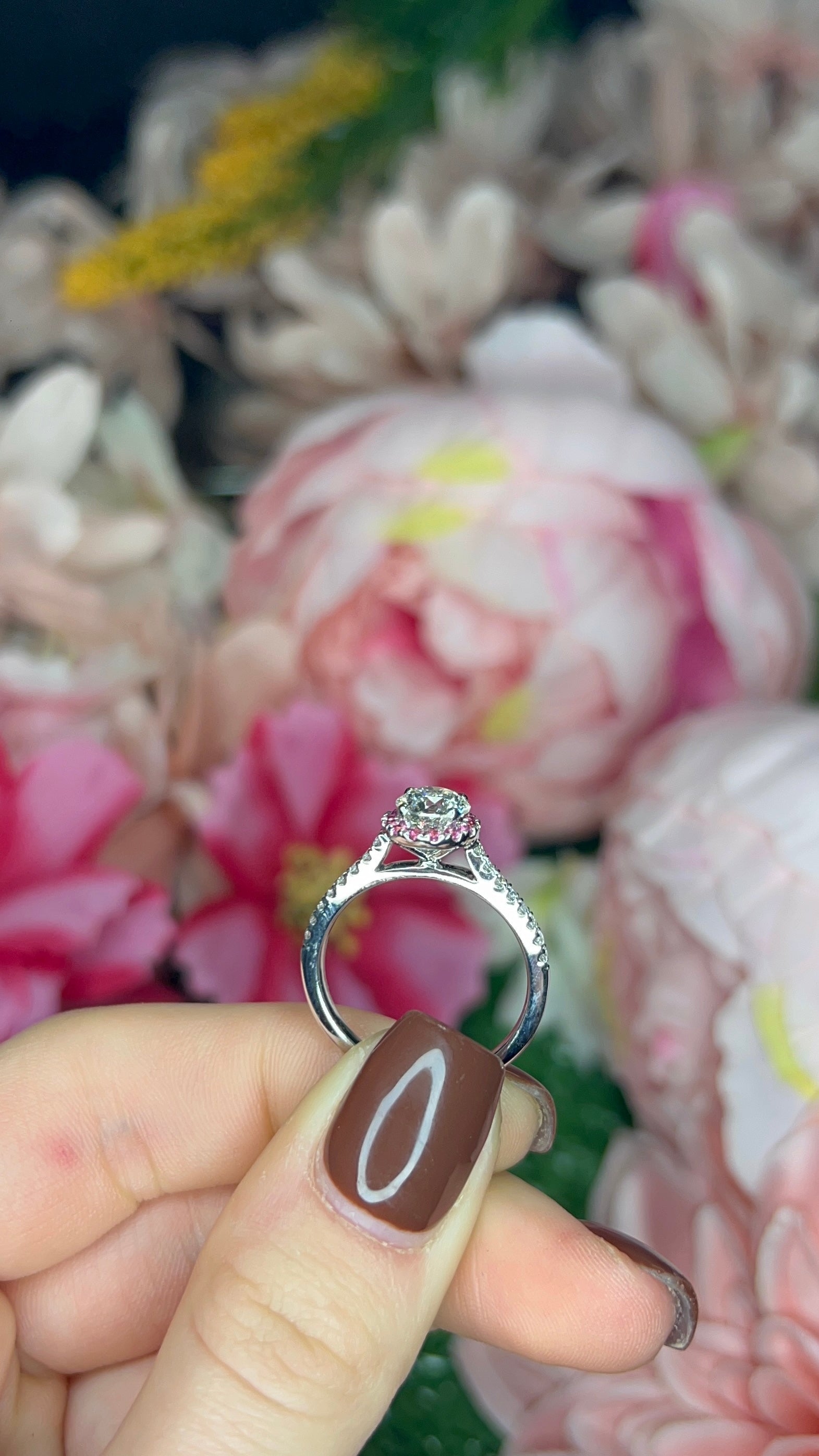 18 Carat White Gold Pink Sapphire and Diamond Halo Ring