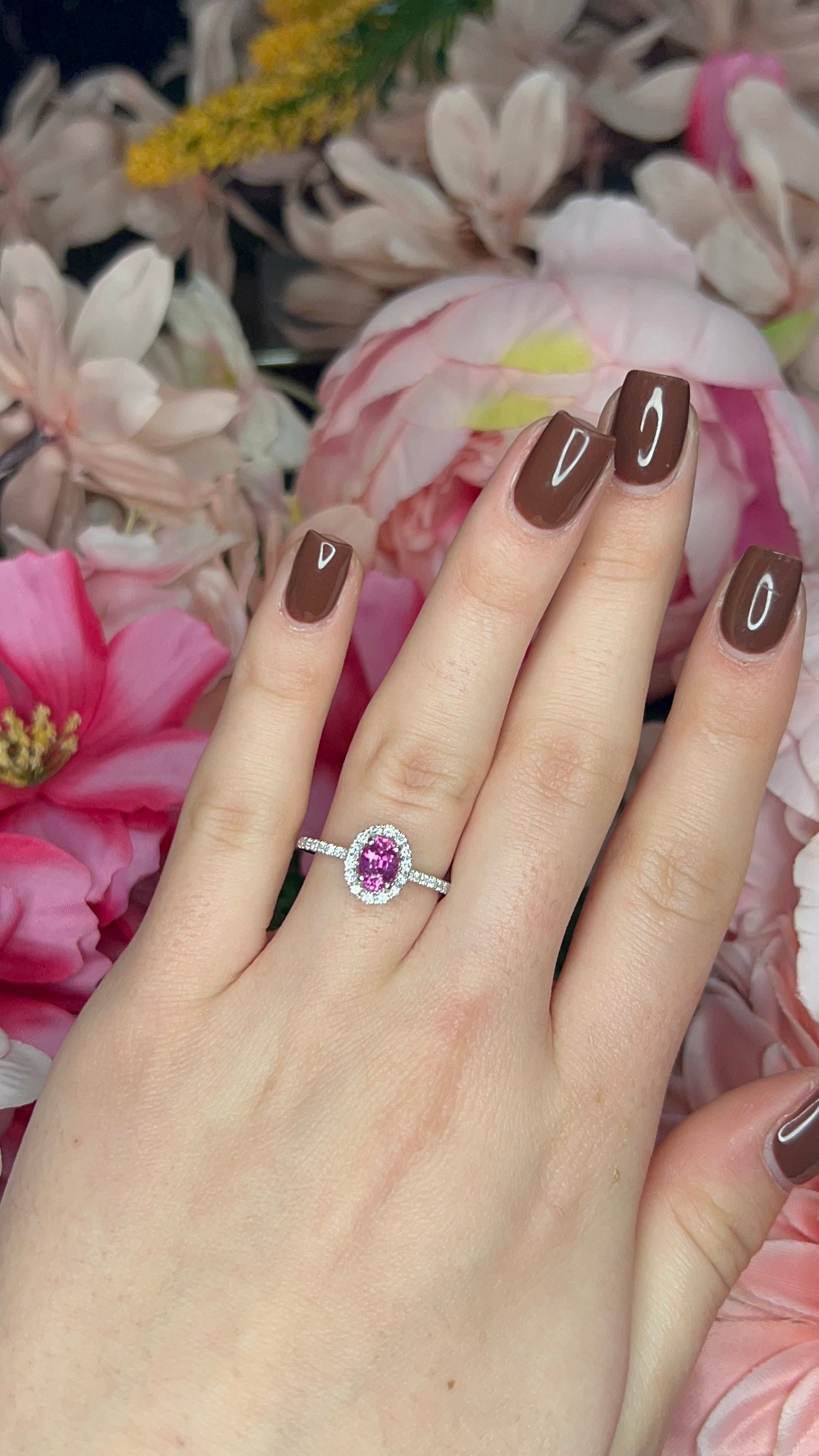18 Carat White Gold Pink Sapphire and Diamond Halo Ring