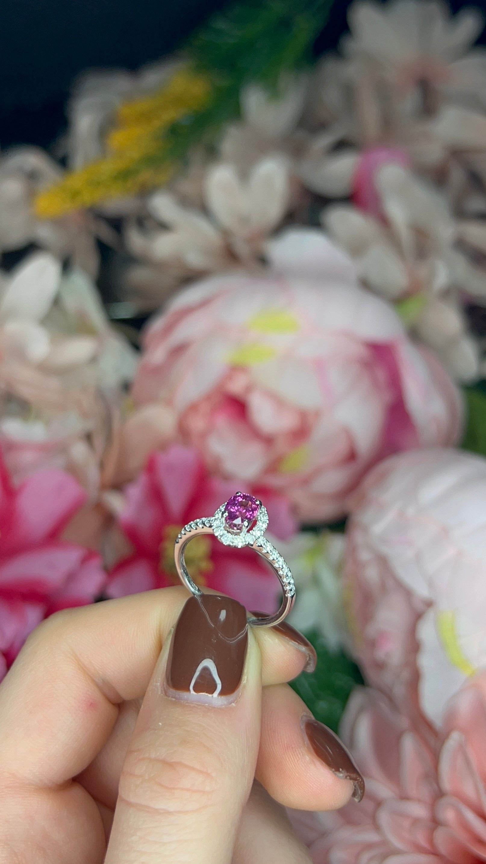 18 Carat White Gold Pink Sapphire and Diamond Halo Ring