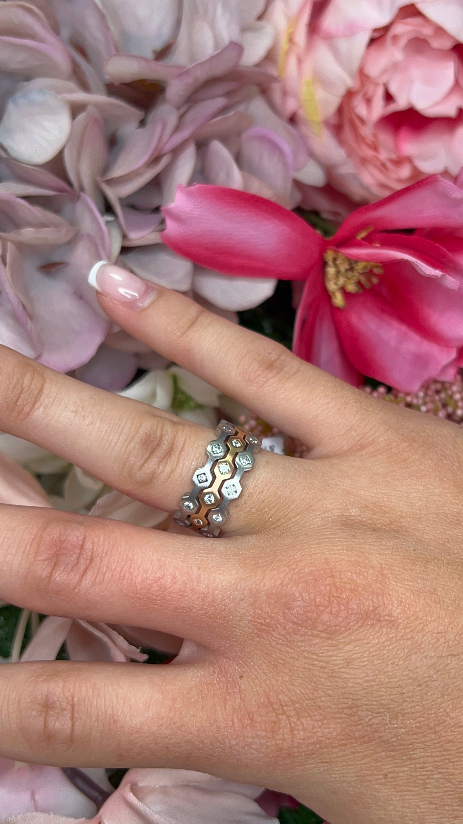 18ct White & Rose Gold Hexagonal Stacking Diamond Rings