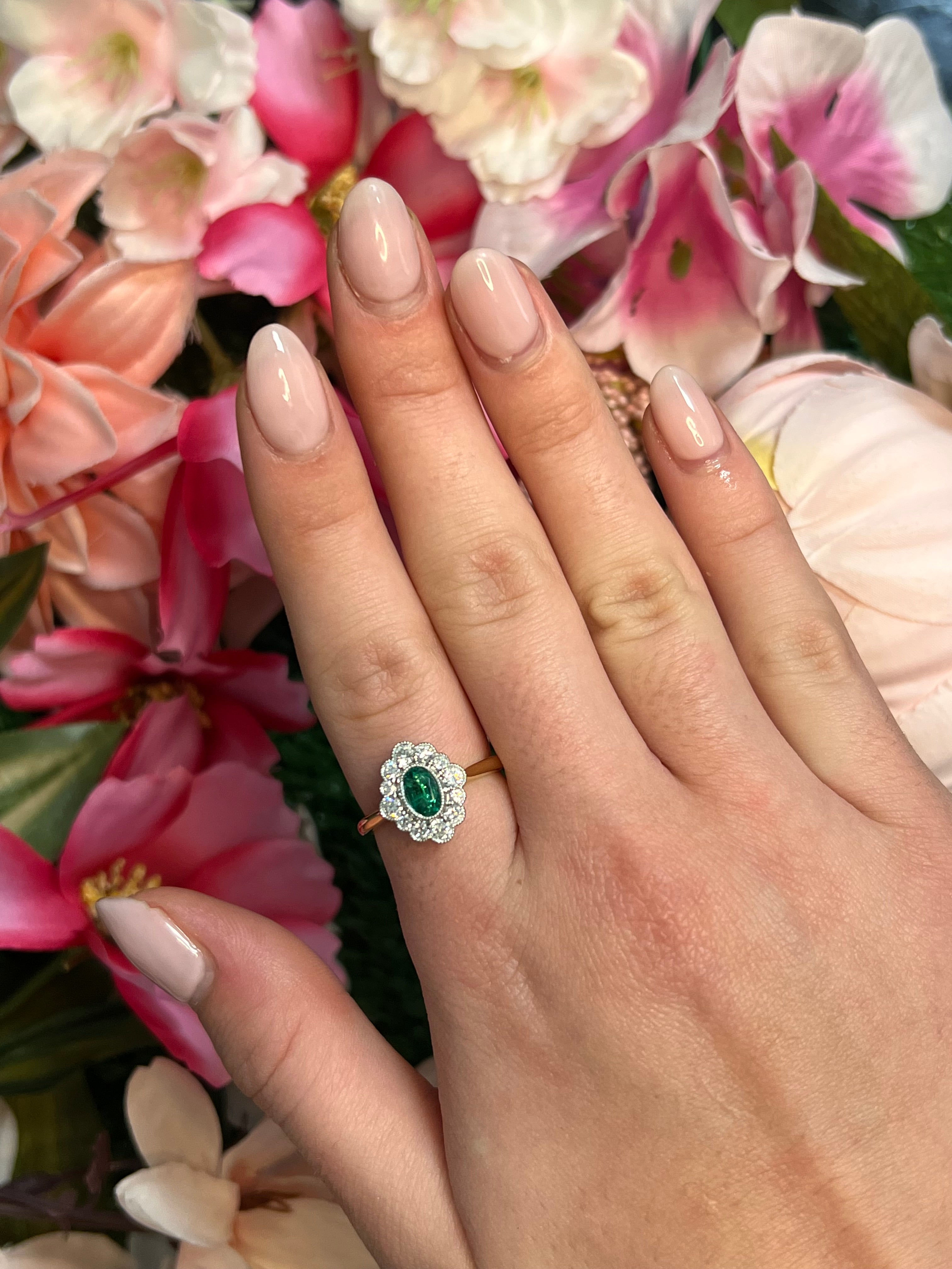18 Carat White & Yellow Gold Emerald and Diamond Halo Ring