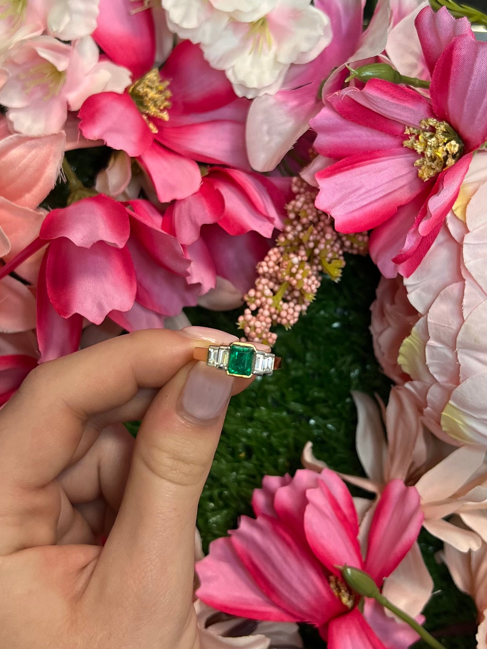 18 Carat Yellow Gold & Platinum Emerald and Diamond Ring