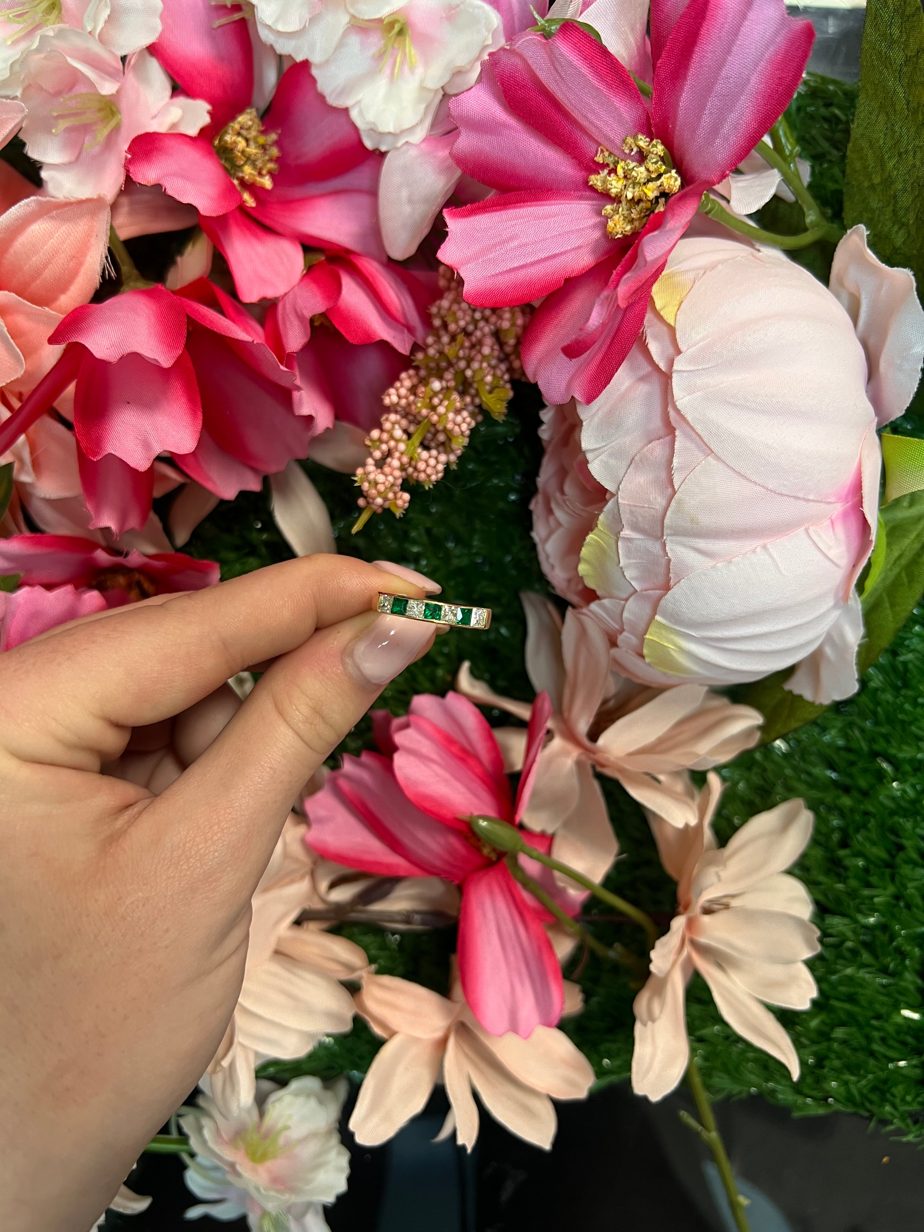 18 Carat Yellow Gold Emerald and Diamond Half Eternity Ring