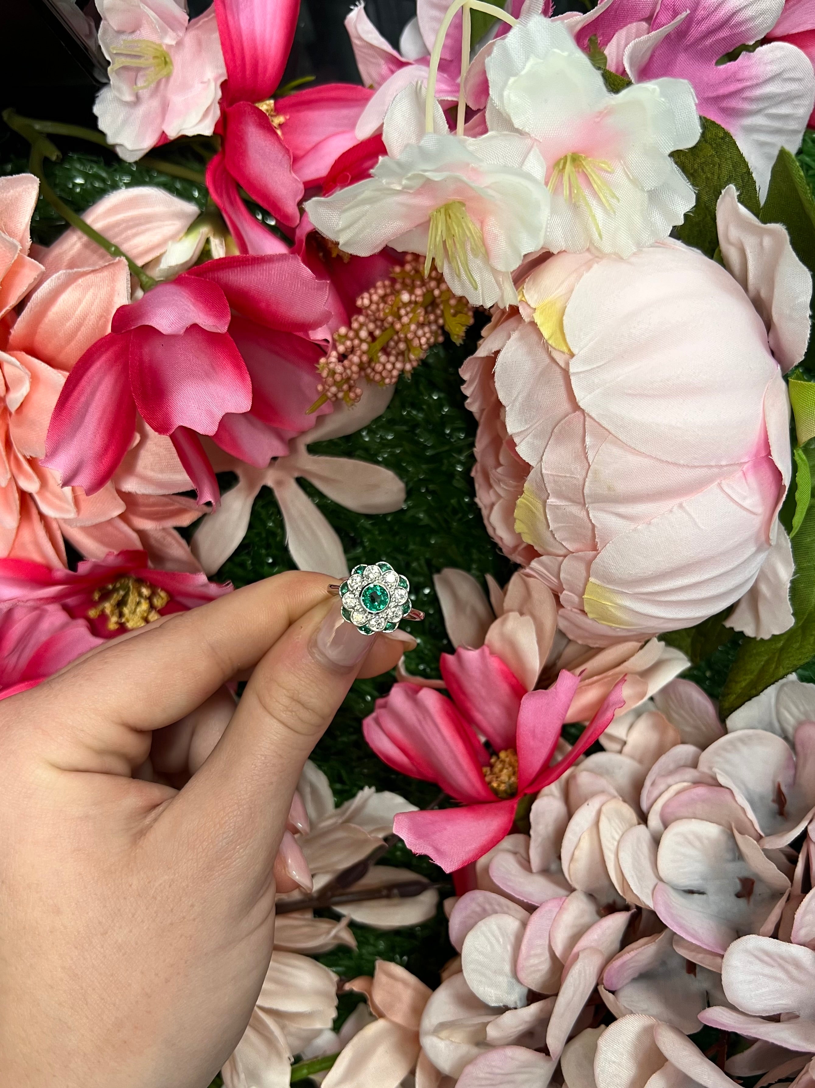 18 Carat White Gold Emerald and Diamond Cluster Ring