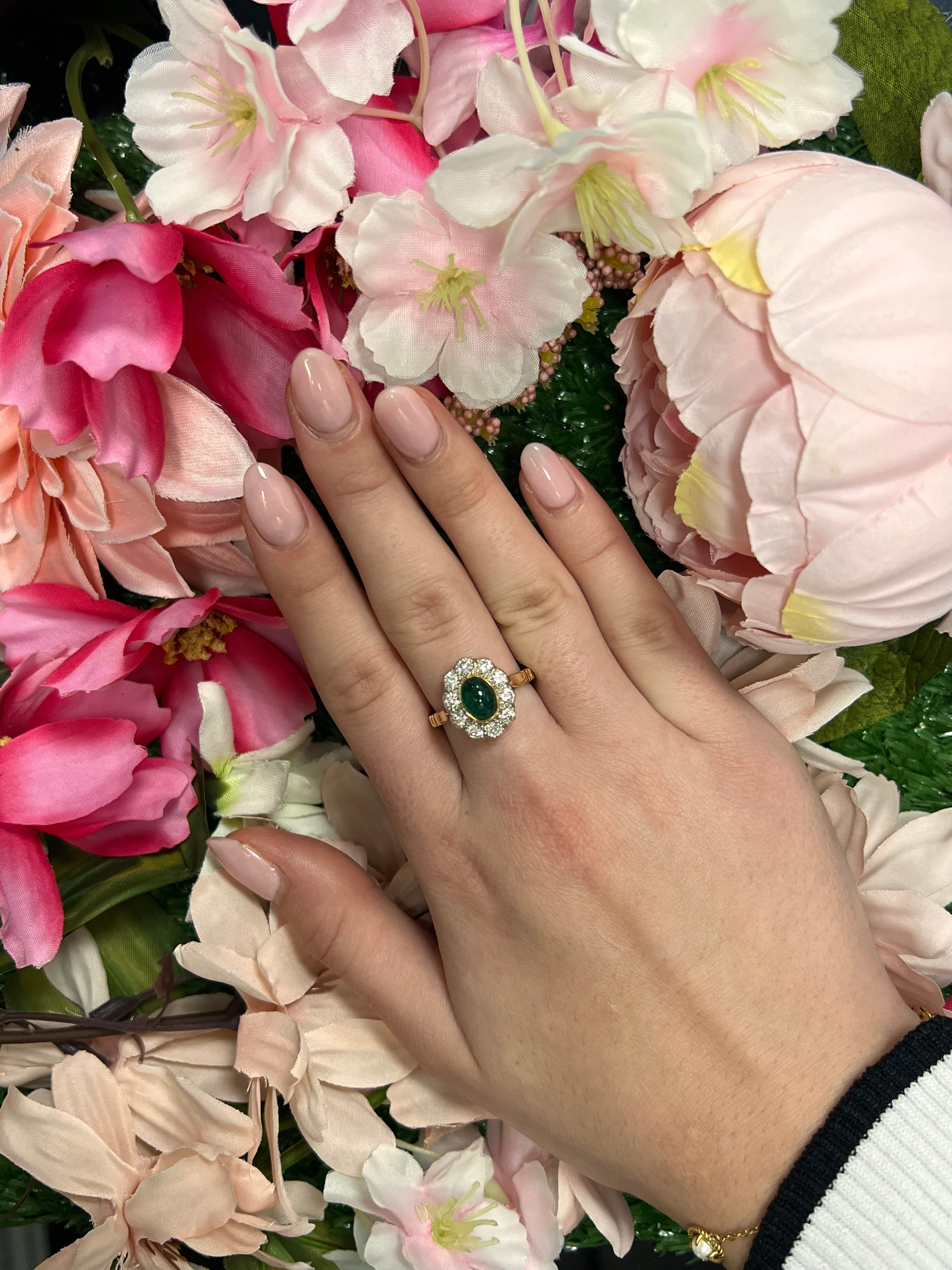 18 Carat Yellow Gold Emerald & Diamond Cluster Ring