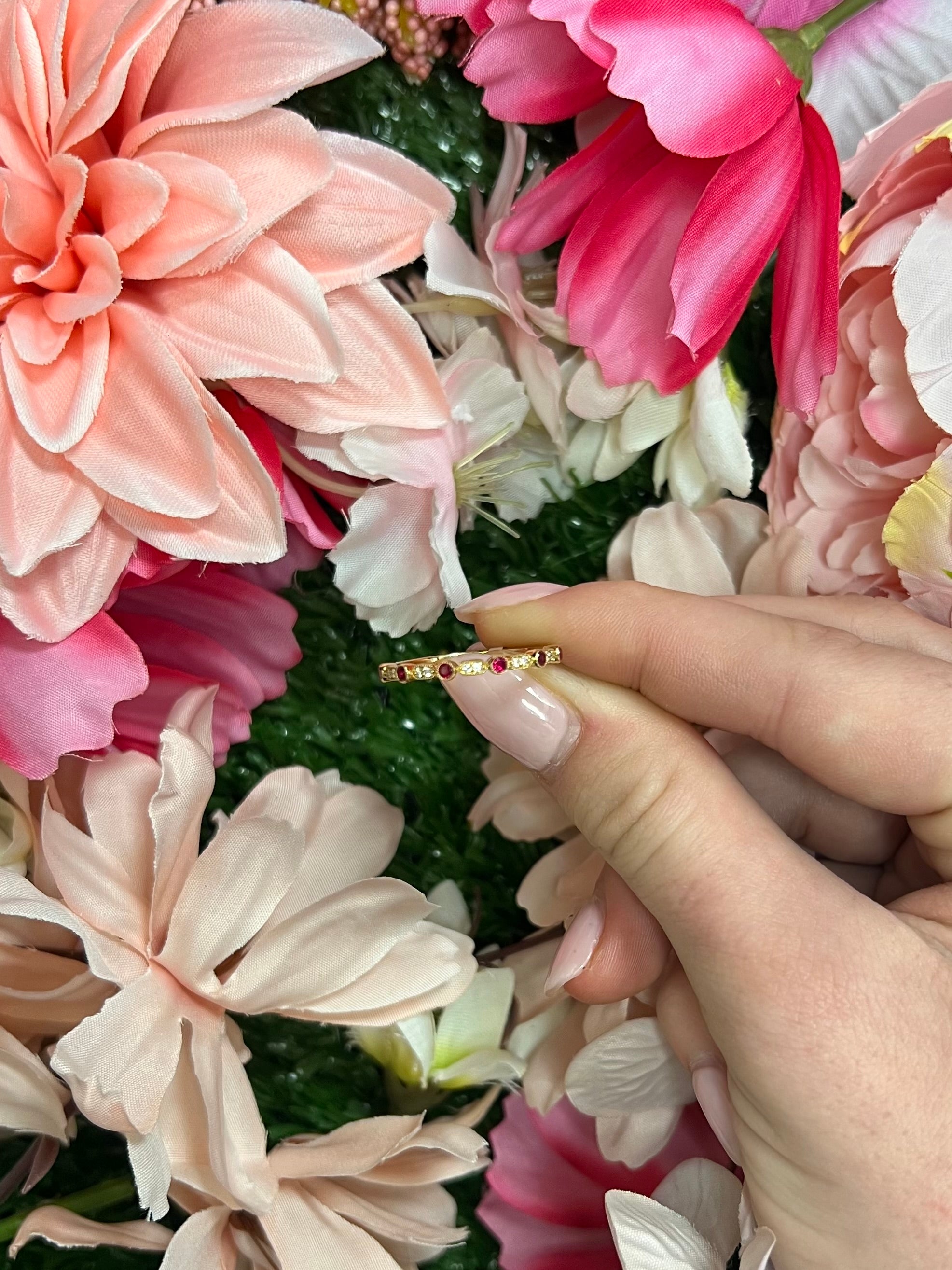18 Carat Yellow Gold Ruby and Diamond Half Eternity Ring