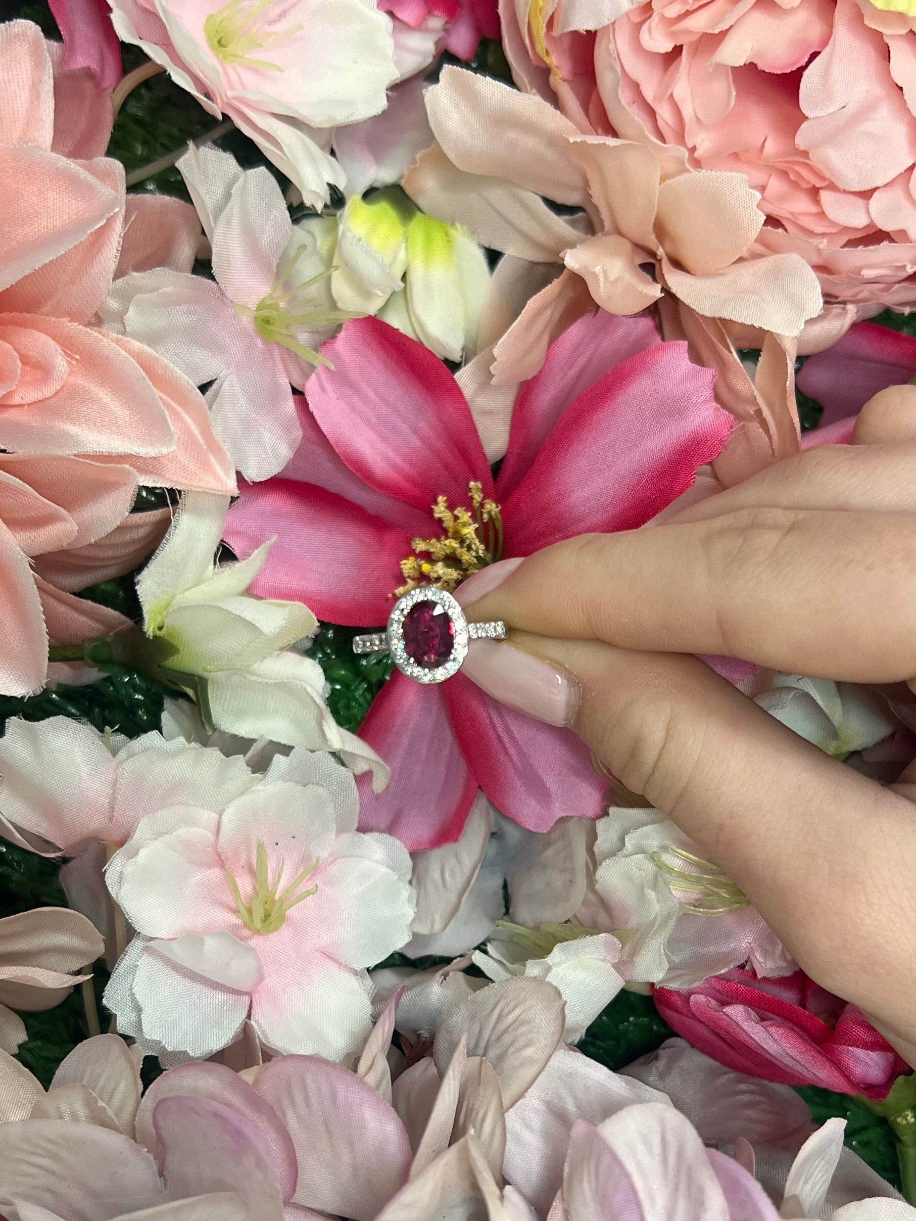 Platinum Ruby and Diamond Halo Ring