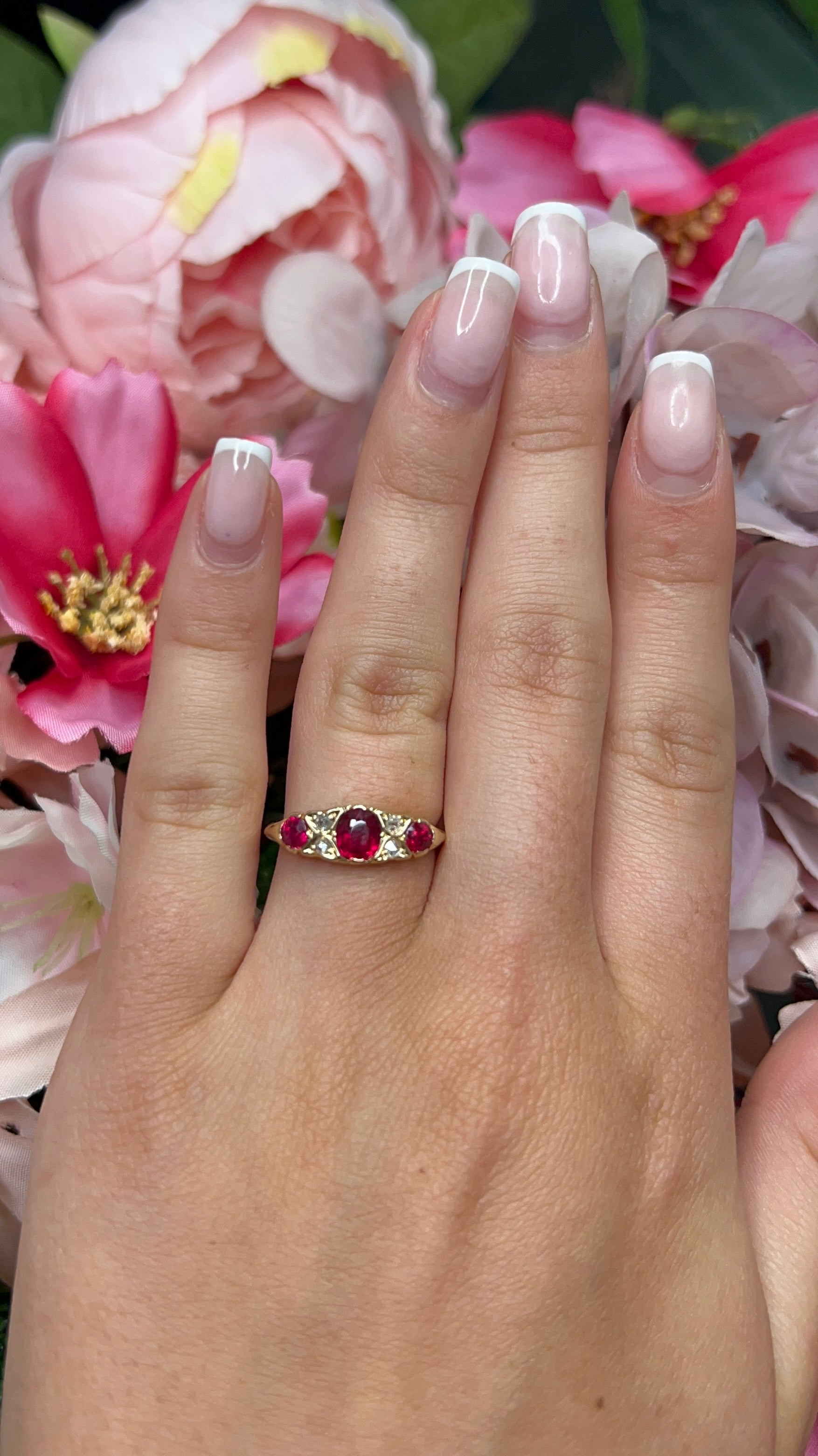 18 Carat Yellow Gold Ruby and Diamond Carved Half Hoop Ring