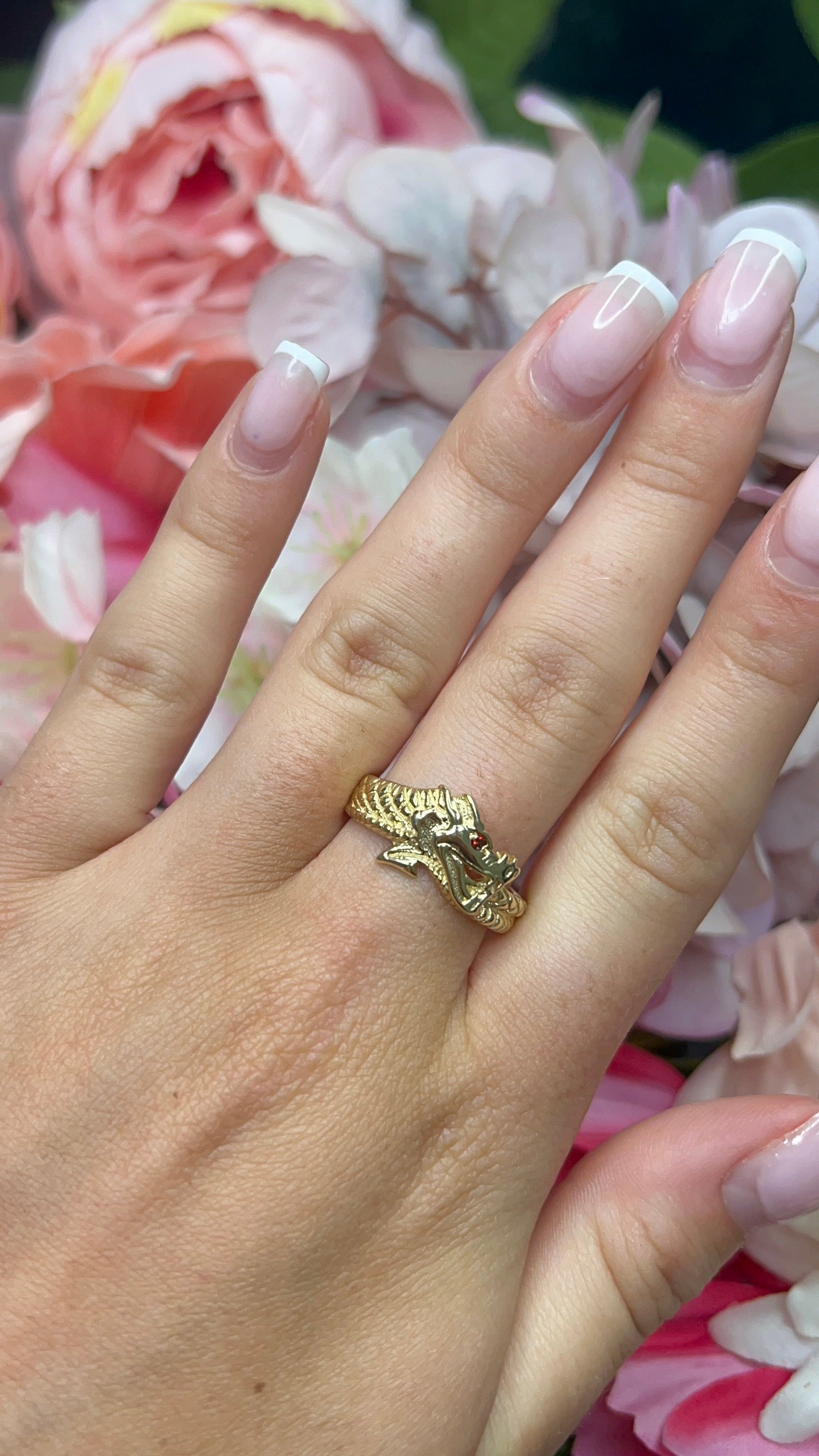 9 Carat Yellow Gold Garnet Dragon Ring