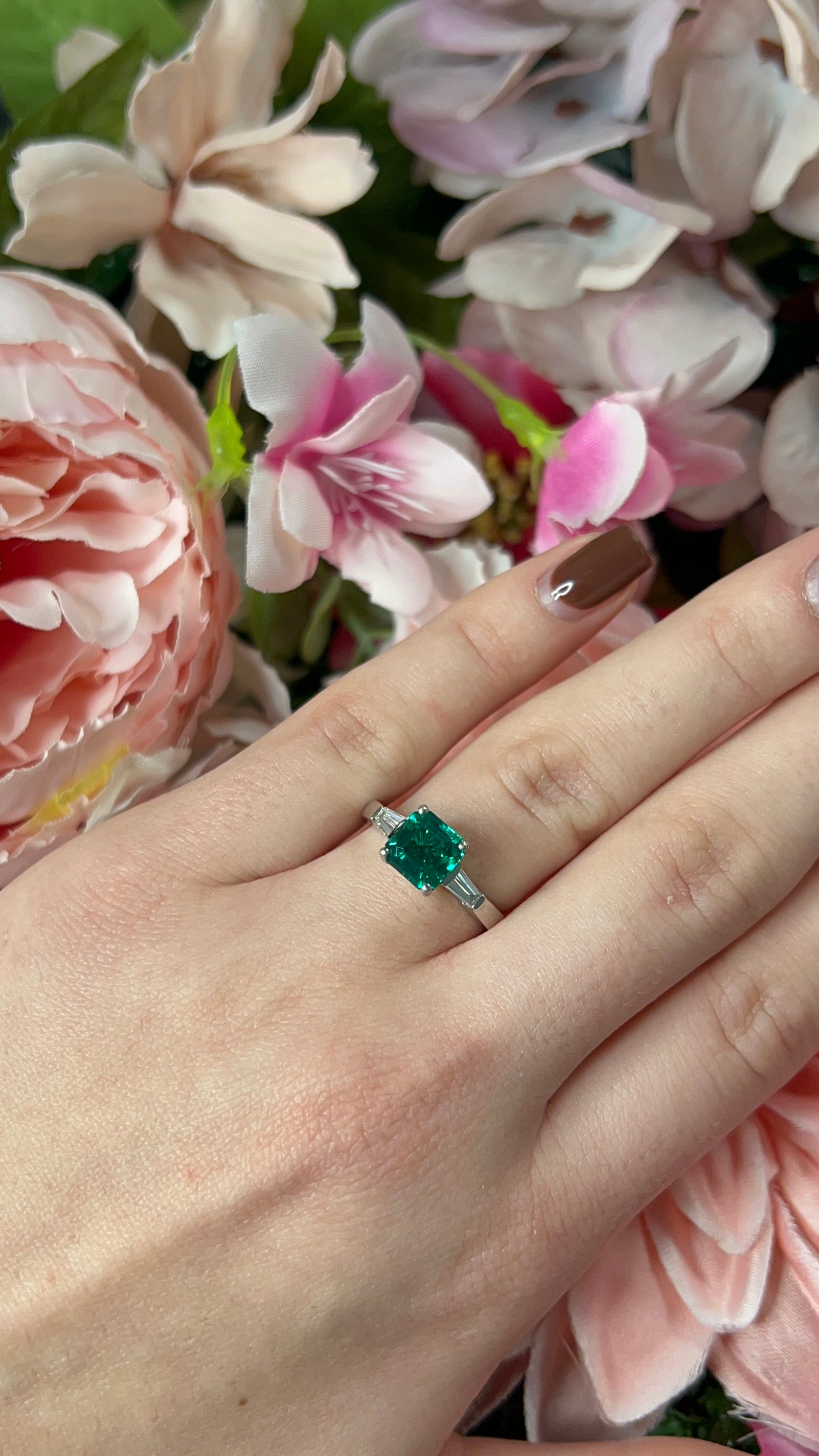 Platinum Synthetic Emerald and Laboratory Grown Diamond Ring