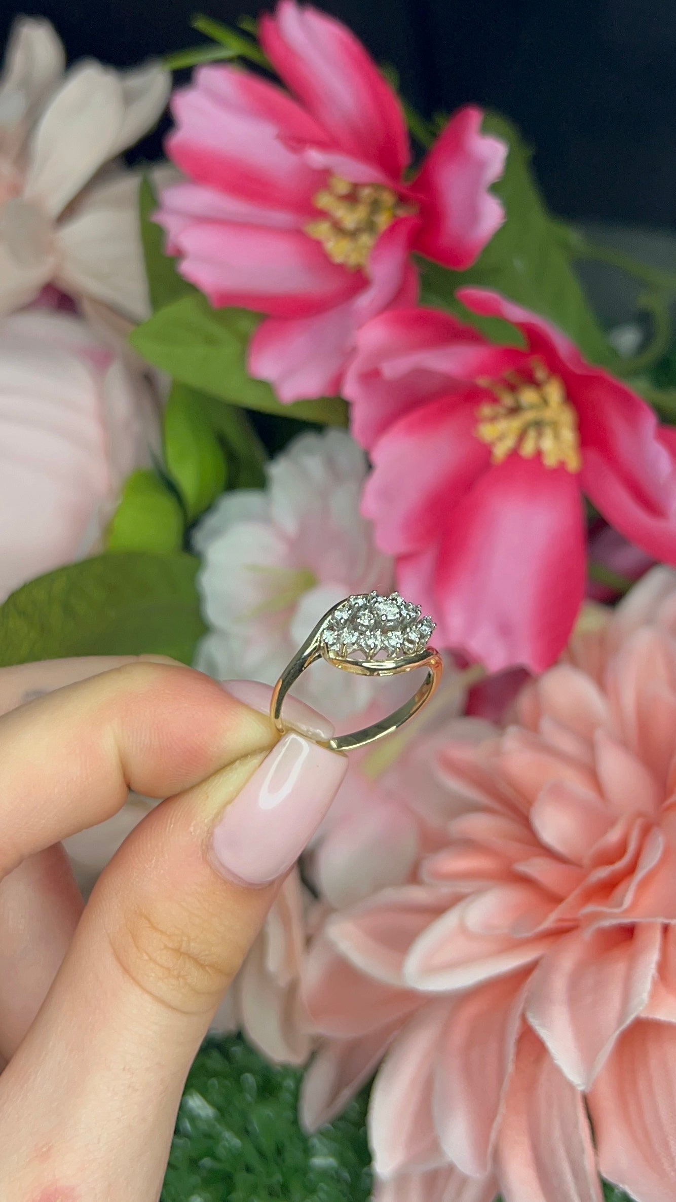 14 Carat Yellow Gold Diamond Cluster Crossover Ring