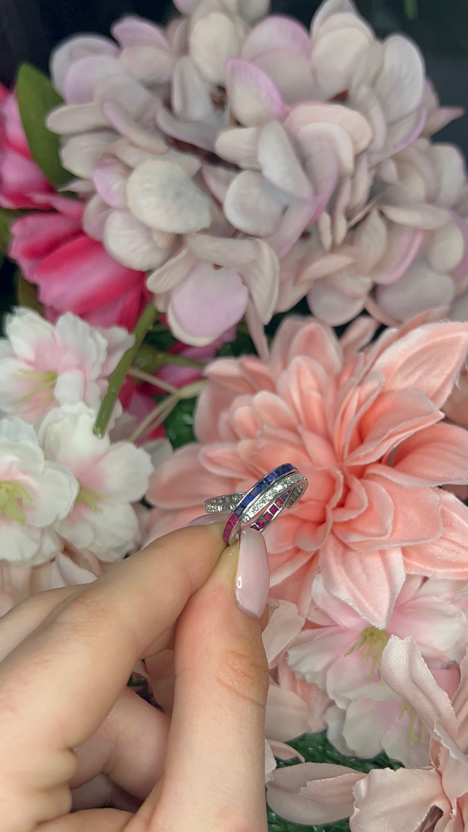Platinum 'Day and Night' Ruby, Sapphire and Diamond Ring