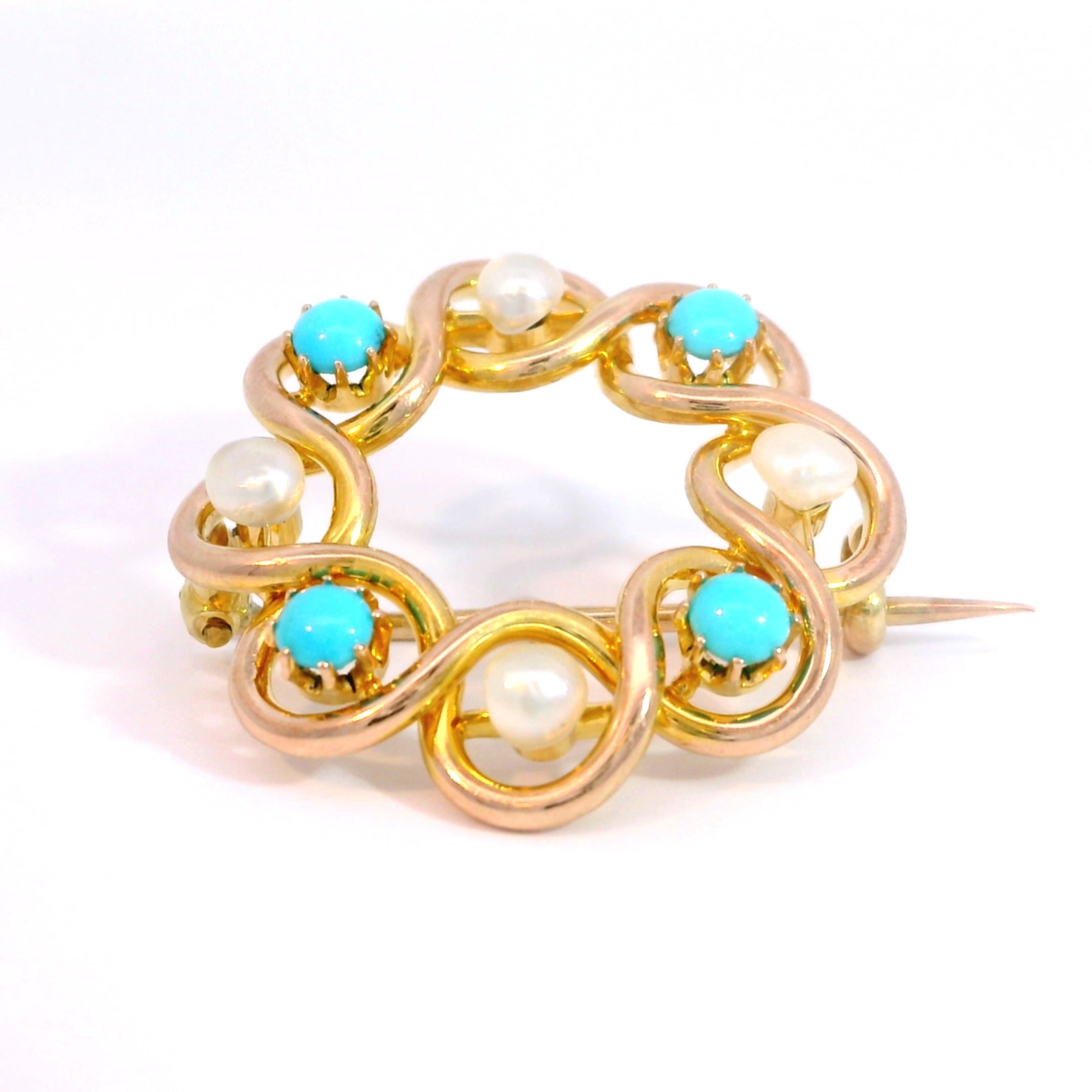 14 Carat Yellow Gold Turquoise and Pearl Brooch