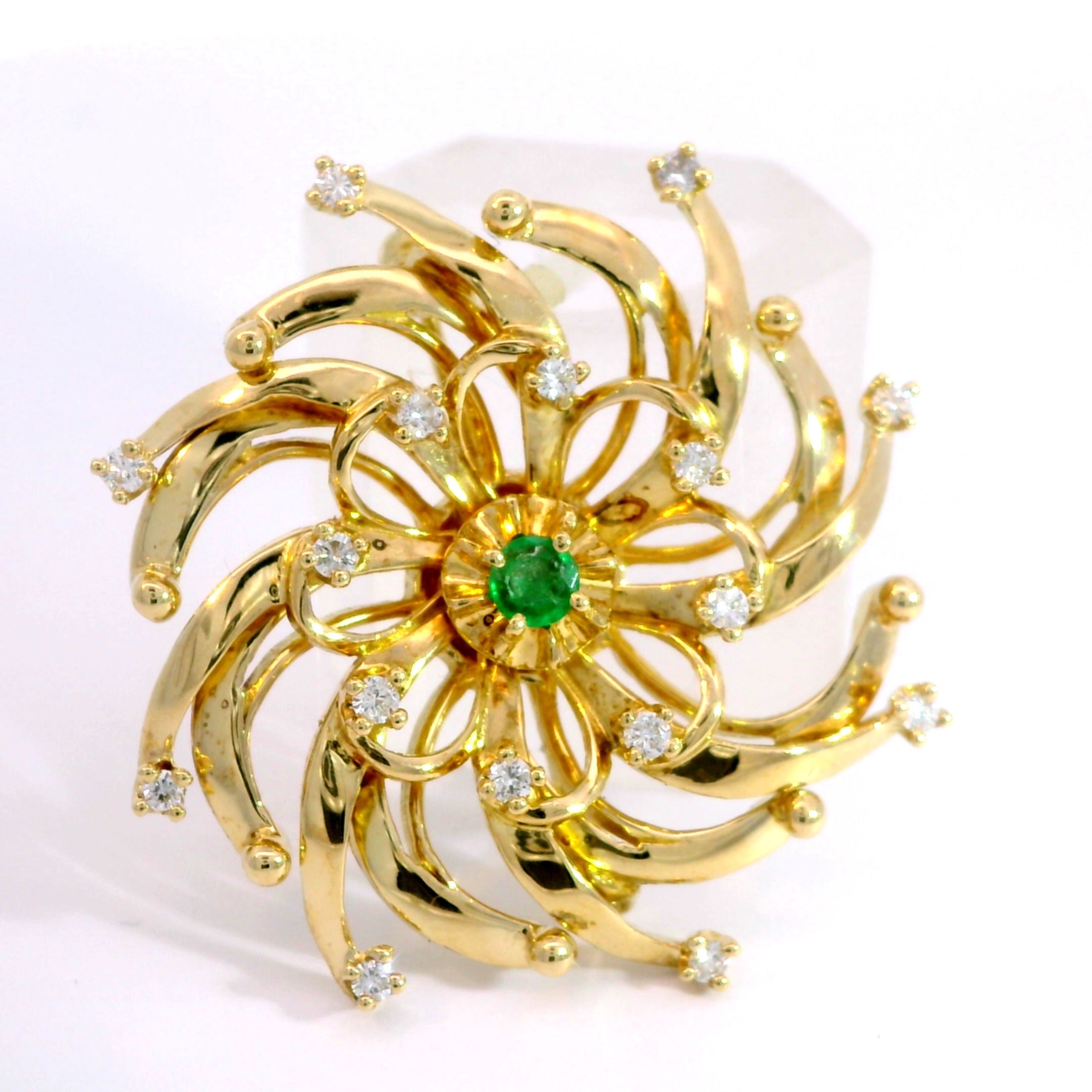 18 Carat yellow Gold Sunburst Emerald and Diamond Brooch