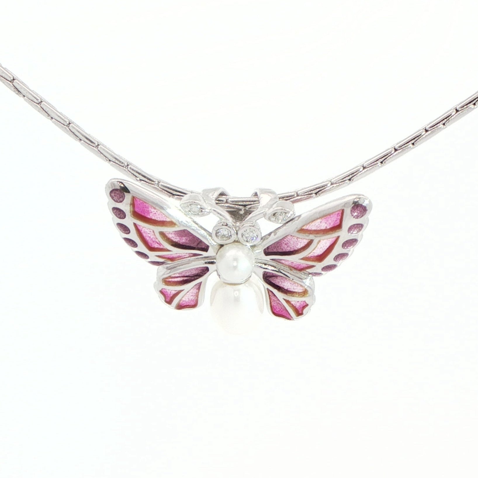 Silver Enamel, Pearl and Diamond Butterfly Pendant on Chain
