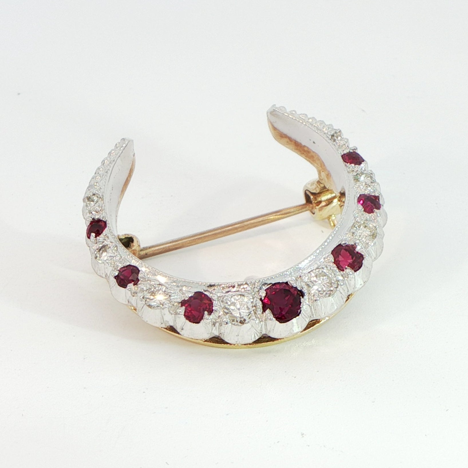9 Carat Yellow and White Gold Ruby and Diamond Crescent Brooch