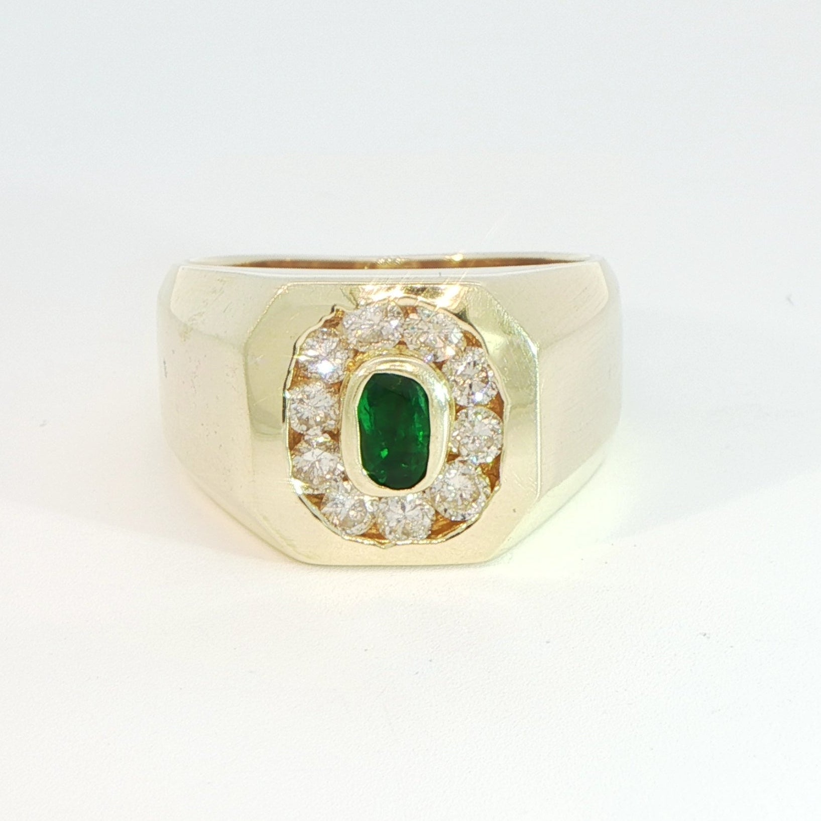14 Carat Yellow Gold Emerald and Diamond Signet Ring
