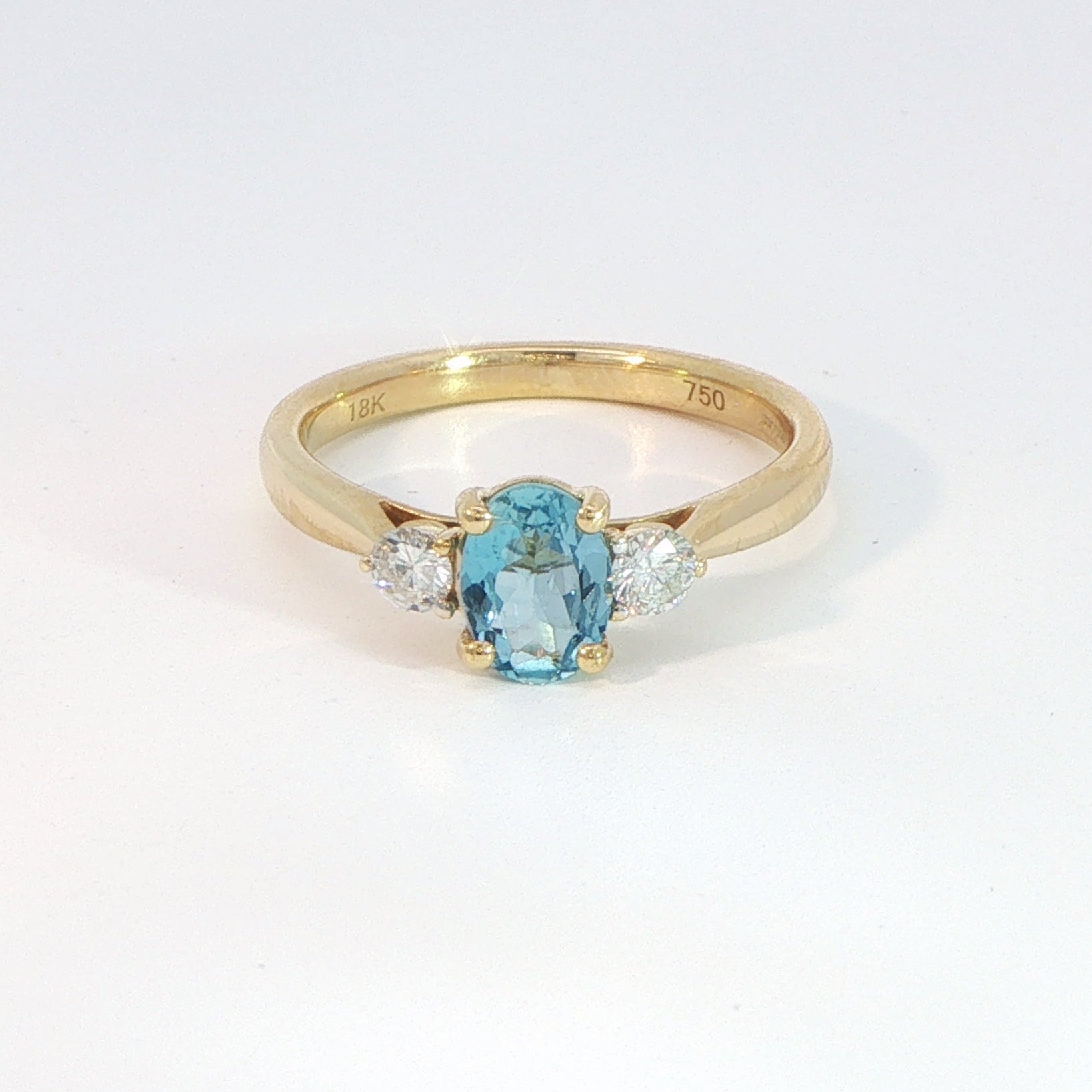18 Carat Yellow Gold Aquamarine and Diamond Trilogy Ring