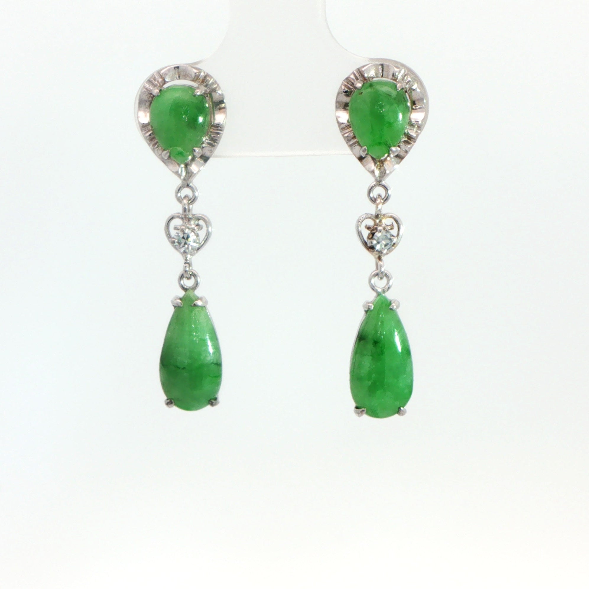 14 Carat White Gold Nephrite Jade and Diamond Earrings