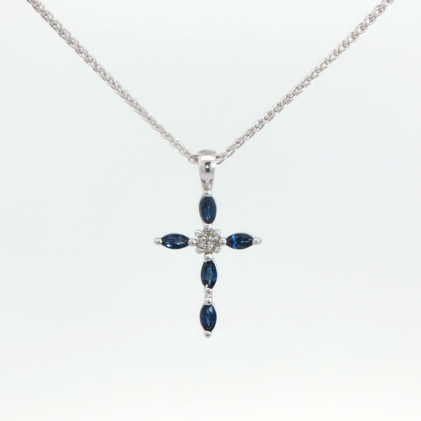 9 Carat White Gold Sapphire and Diamond Cross on Chain