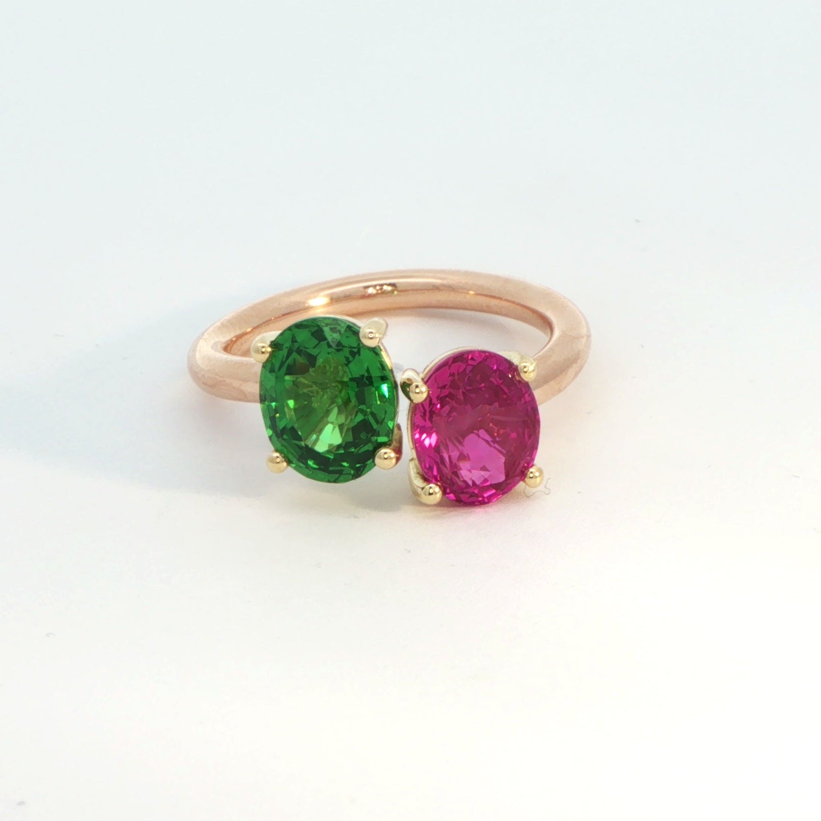 18 Carat Rose and Yellow Gold Tsavorite and Pink Sapphire Ring